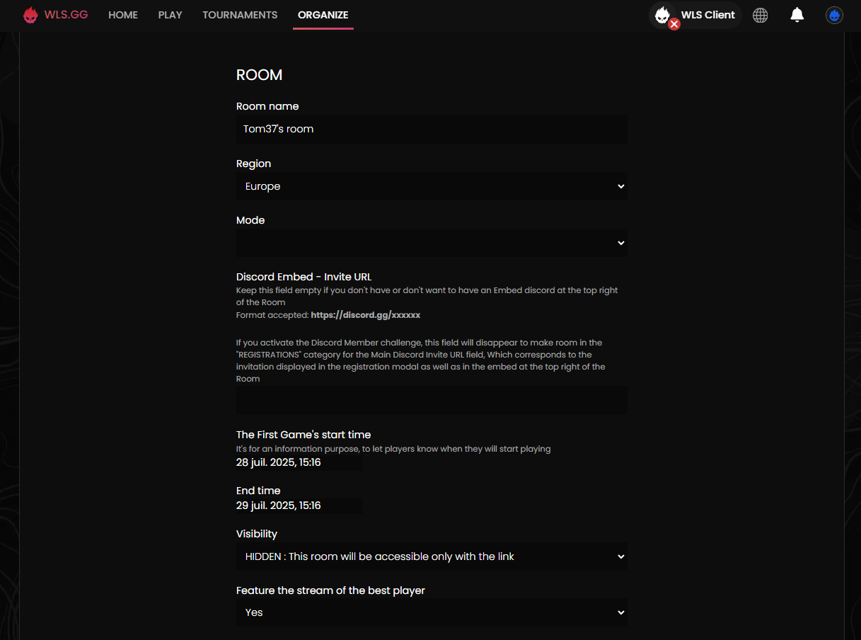 Début Configuration Rooms Infos de base
